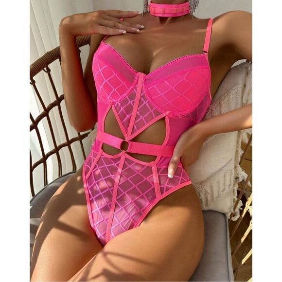 HOT PINK ring linked cut out mesh underwire teddy bodysuit with choker lingerie - Picture 1 of 5